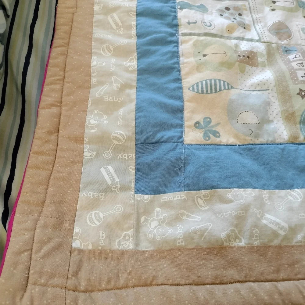 Reversible Unisex Cute Baby Bear Blue Tan Crib Quilt Pink Lime Green
